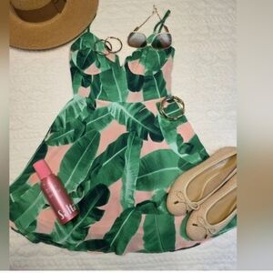 Buddy Love Banana Leaf Print Mini Dress • Pink & Green Tropical Vacation Dress